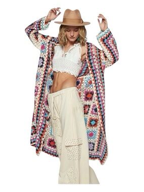 POL Granny Squares Cardigan Sweater, Long Sleeve, Multicolored, Size OS.